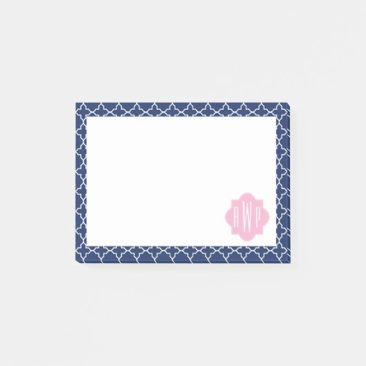 Marine Quatrefoil u. rosa Monogramm Post-it Klebezettel (Vorderseite)