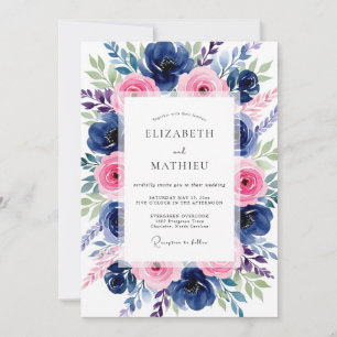 Marine-Rosa Botanische Romantische Hochzeit Einladung