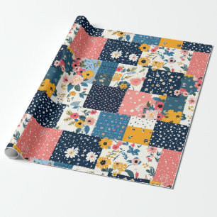 Marine Rosa Cottagecore Blumenpatchwork Geschenkpapier