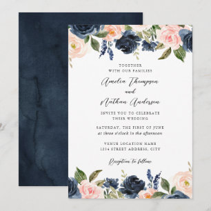 Marine-Rosa Elegante Botanische Florale Hochzeit Einladung