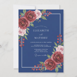 Marine-Rot-Blüten-Romanze-Hochzeit Einladung