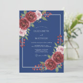 Marine-Rot-Blüten-Romanze-Hochzeit Einladung (Stehend Vorderseite)