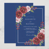Marine-Rot-Blüten-Romanze-Hochzeit Einladung (Vorne/Hinten)
