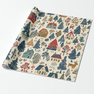 Marine-Rot-Wald-Weihnachtsdorf-Muster Geschenkpapier