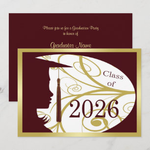 Marine-rote und goldene Silhouette 2026-Abschlussf Einladung