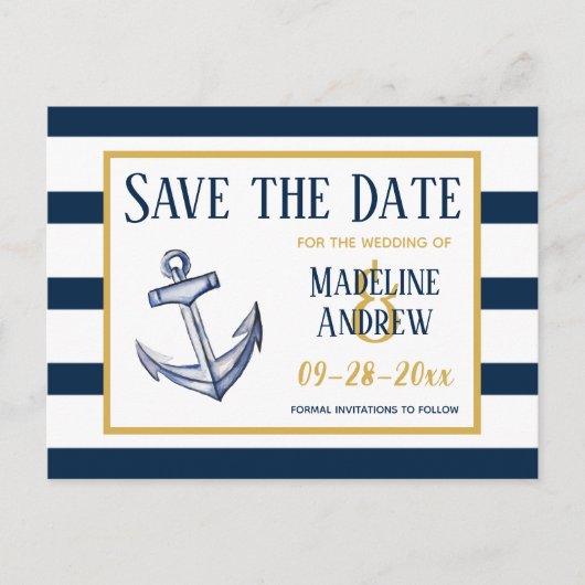 Marine-Seestreifen und Anker Save the Date Ankündigungspostkarte (Vorderseite)