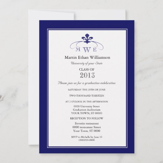 Marine-Silber u. weiße Lilien-formaler Abschluss Einladung (Vorderseite)