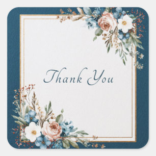 Marine Staubrosa Rose Blau Floral Gold Rahmen Quadratischer Aufkleber