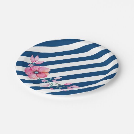 Marine-Streifen und rosa BlumenPappteller Pappteller (Schrägansicht)