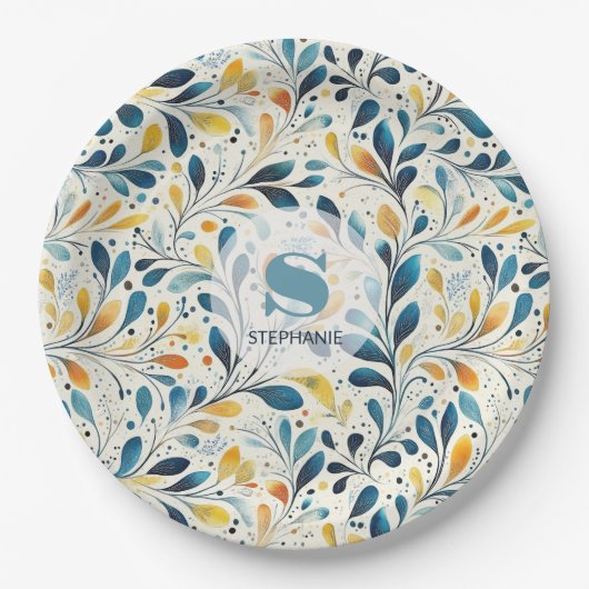 Marine-Teal-Bernstein-Blumenblatt-Muster Pappteller (Vorderseite)