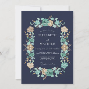 Marine-Teal-Blumenkranz-Hochzeit Einladung