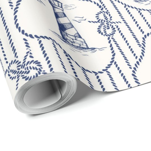 Marine Theme Blue White Stripe Lighthouse Schiff Geschenkpapier (Rolleneckpunkt)