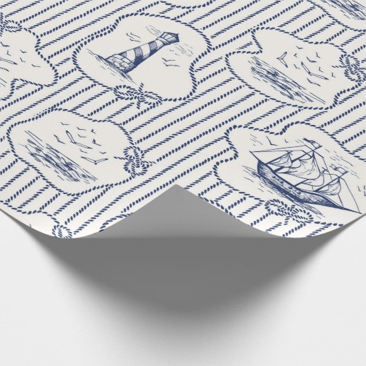 Marine Theme Blue White Stripe Lighthouse Schiff Geschenkpapier (Ecke)