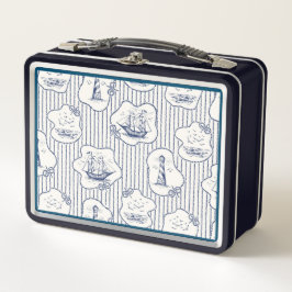 Marine Theme Blue White Stripe Lighthouse Schiff Metall Brotdose