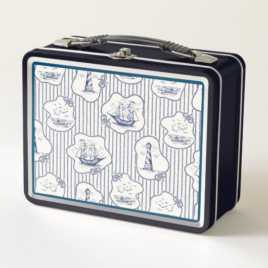 Marine Theme Blue White Stripe Lighthouse Schiff Metall Brotdose (Vorderseite)