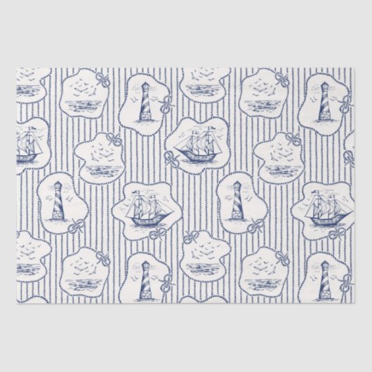 Marine Theme Blue White Stripe Lighthouse Schiff Seidenpapier (Vorderseite)