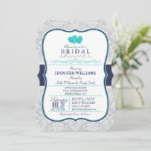 Marine, Türkis, Grau Damaskus Brautparty Einladung (Stehend Vorderseite)