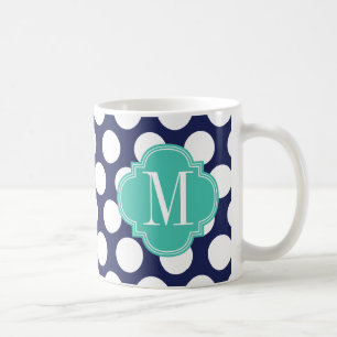 Marine-u. Türkis-große Polka-Punkte mit Monogram Kaffeetasse
