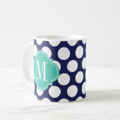 Marine-u. Türkis-große Polka-Punkte mit Monogramm Kaffeetasse (Vorderseite Links)