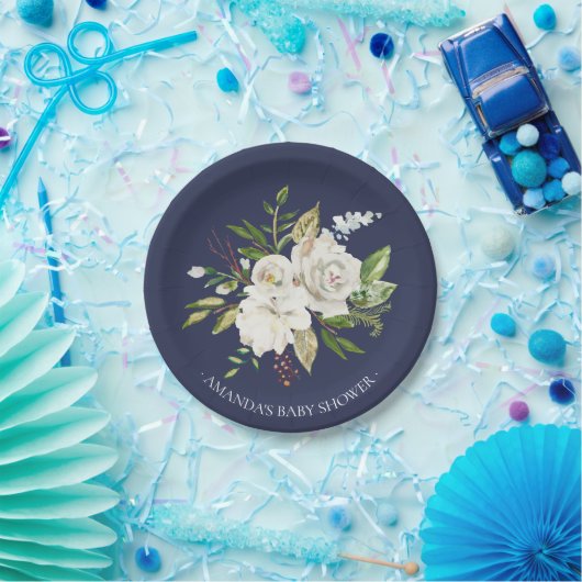 Marine u. weiße Rosen-Blumen-Dusche 7" Platte Pappteller (Party)