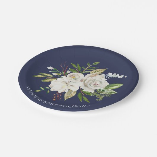 Marine u. weiße Rosen-Blumen-Dusche 7" Platte Pappteller (Schrägansicht)