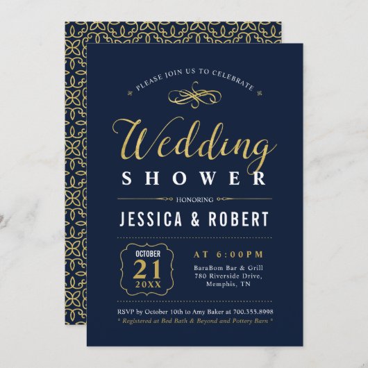 Marine und Gold | Eleganter Paare Polterabend Einladung (Vorne/Hinten)