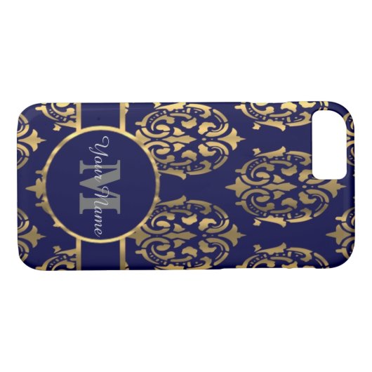 Marine- und Golddamastmonogramm Case-Mate iPhone Hülle (Rückseite (Horizontal))
