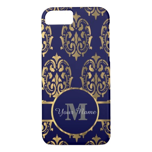 Marine- und Golddamastmonogramm Case-Mate iPhone Hülle (Rückseite)