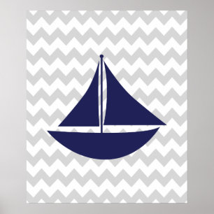 Marine und graues Zickzack Seeschiff Poster