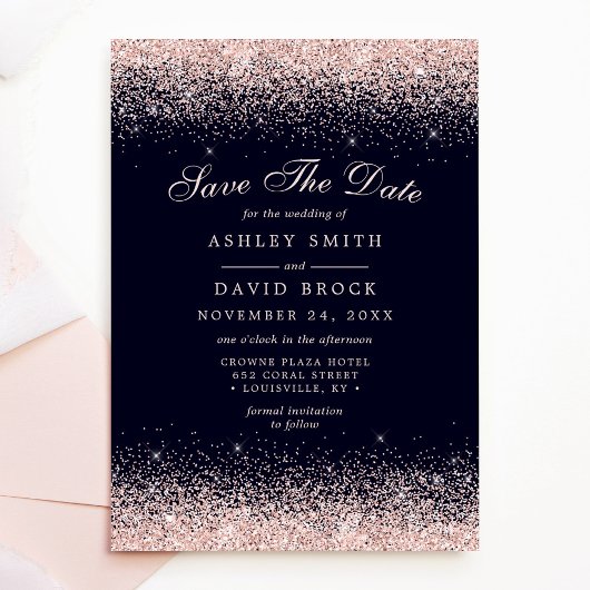 Marine und Rose Gold Confetti Save the Date