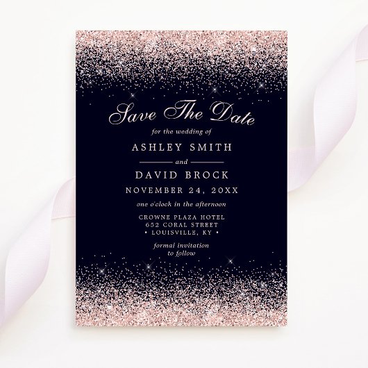 Marine und Rose Gold Confetti Save the Date