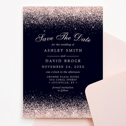 Marine und Rose Gold Confetti Save the Date