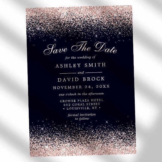 Marine und Rose Gold Confetti Save the Date