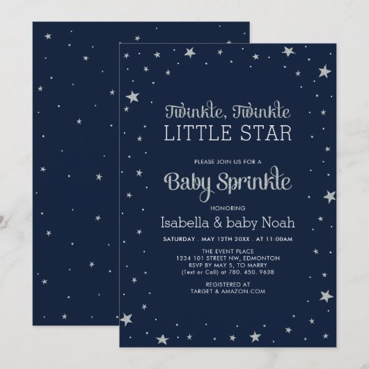 Marine und Silber | Twinkle Little Star Baby Dusch Einladung (Vorne/Hinten)
