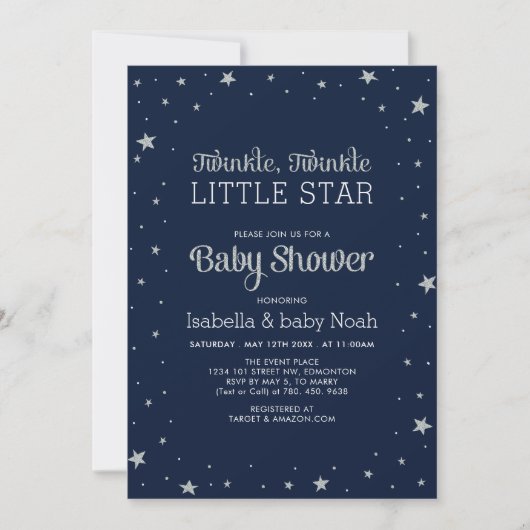Marine und Silber | Twinkle Little Star Baby Dusch Einladung (Vorderseite)