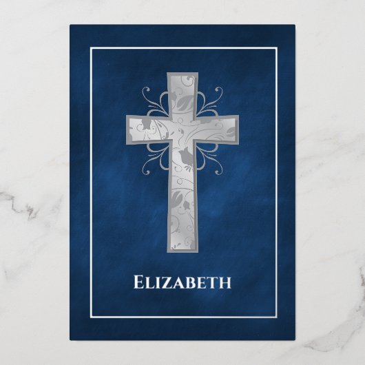 Marine und Silver Taufe oder Christening Filigree  Folieneinladung (Vorderseite)