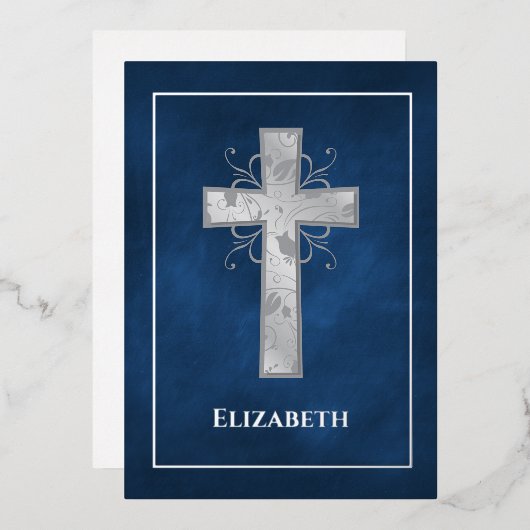 Marine und Silver Taufe oder Christening Filigree Folieneinladung (Vorderseite/Rückseite)