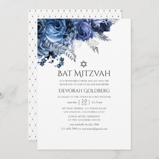 Marine und Weiß mit Silberfräsen und Bat Mitzvah Einladung (Vorne/Hinten)