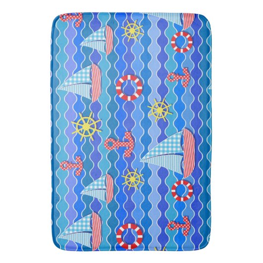 Marine Wave Red Blue Anchor Boot Segelrad Badematte (Vorderseite Vertikal)