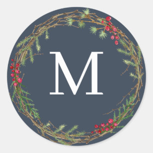 Marine-Weihnachtskranz-Monogrammsiegel Runder Aufkleber