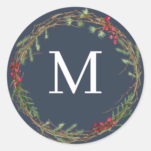 Marine-Weihnachtskranz-Monogrammsiegel Runder Aufkleber (Vorderseite)