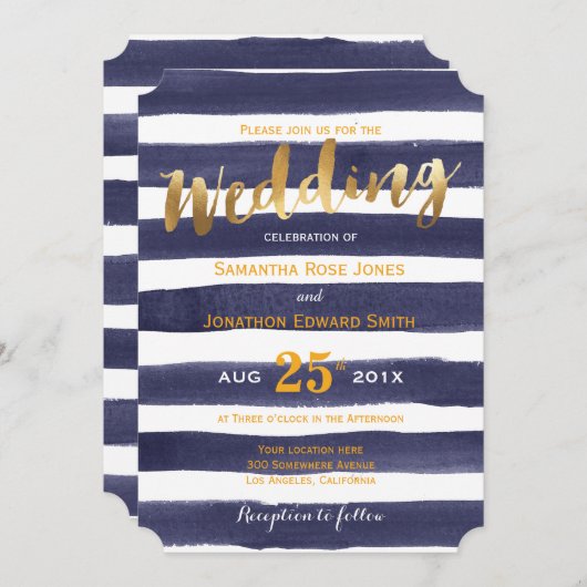 Marine-weißes Aquarell Stripes Goldhochzeit Einladung (Vorne/Hinten)