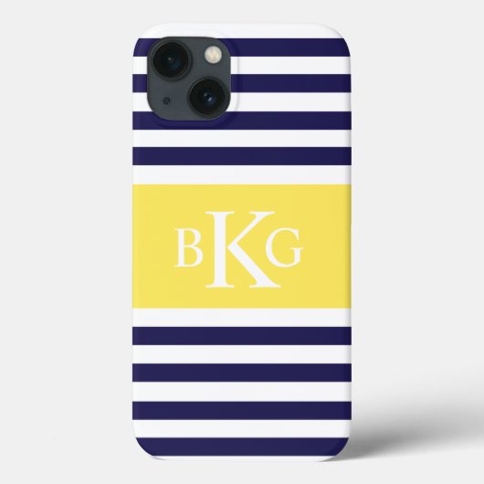 Marine-zitronengelbes Streifen-Monogramm Case-Mate iPhone Hülle (Rückseite)