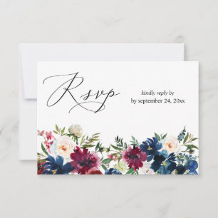 Marineblau, Burgund & Weiße Blumen mit Mahlzeit RSVP Karte