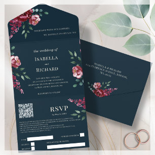 Marineblau Burgunderrot floral QR-Code RSVP All In One Einladung