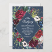 Marineblau | Burgundy Bloom Geometric Wedding Einladung (Vorderseite)