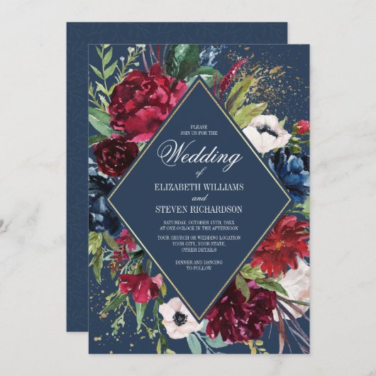 Marineblau | Burgundy Bloom Geometric Wedding Einladung (Vorne/Hinten)
