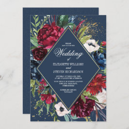Marineblau | Burgundy Bloom Geometric Wedding Einladung