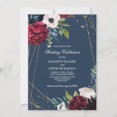 Marineblau | Burgundy Bloom Geometric Wedding Einladung (Vorderseite)