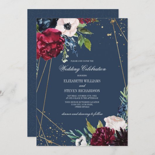 Marineblau | Burgundy Bloom Geometric Wedding Einladung (Vorne/Hinten)